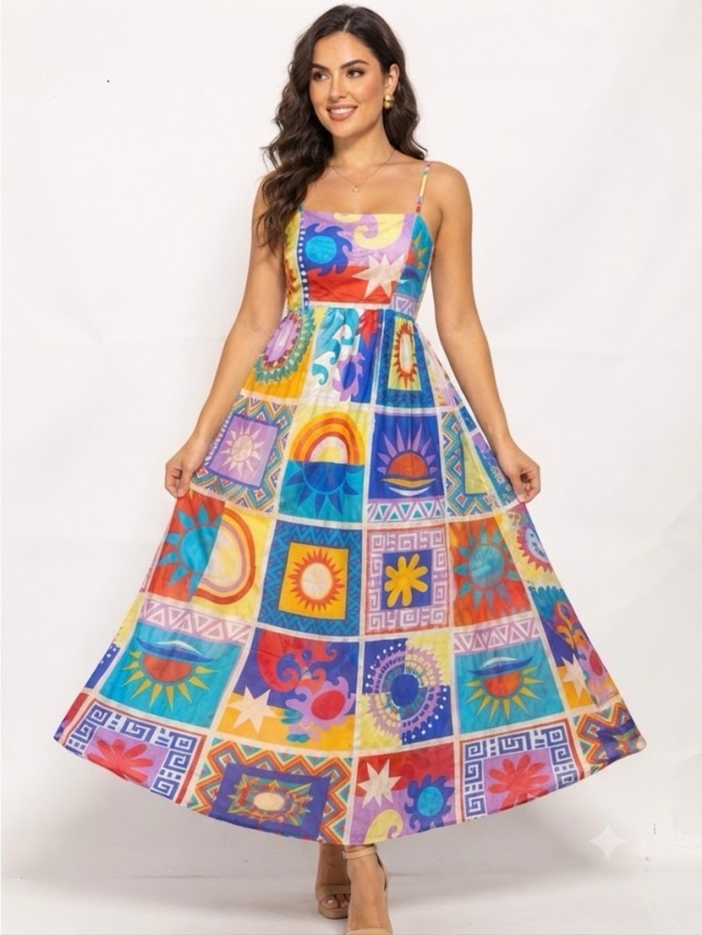 Japna Colorful Abstract Adjustable Spaghetti Strap Dress - Multicolor Size M/L